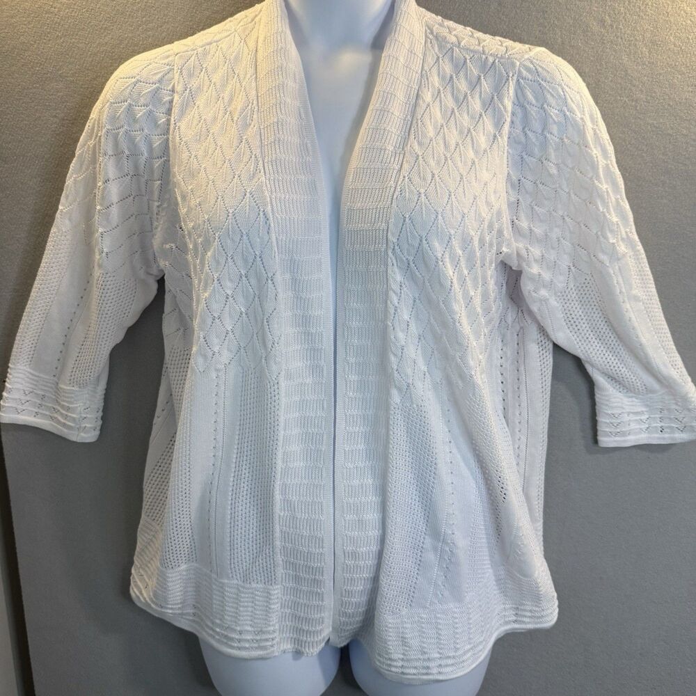 Cyrus Women’s Open Front Knit Cardigan Sweater White Textured Pointelle Size 2X